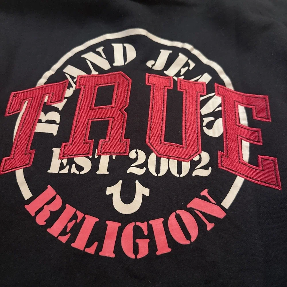 True Religion Men's Full Zip Hoodie Black‎ Embroidered Logo Large NEW